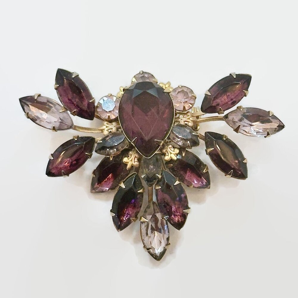 Rhinestone Brooch, Purple, Pink, Fleur-De-Lis, Vintage, Gold Tone, Riveted